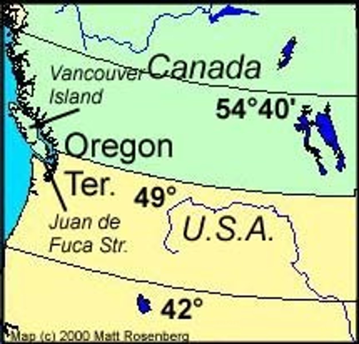 <p>Slogan adopted by mid-nineteenth-century expansionists who advocated the occupation of Oregon Territory, jointly held by Britain and the United States. Though President Polk had pledged to seize all of Oregon, to 54°40', he settled on the forty-ninth parallel as a compromise with the British.</p>