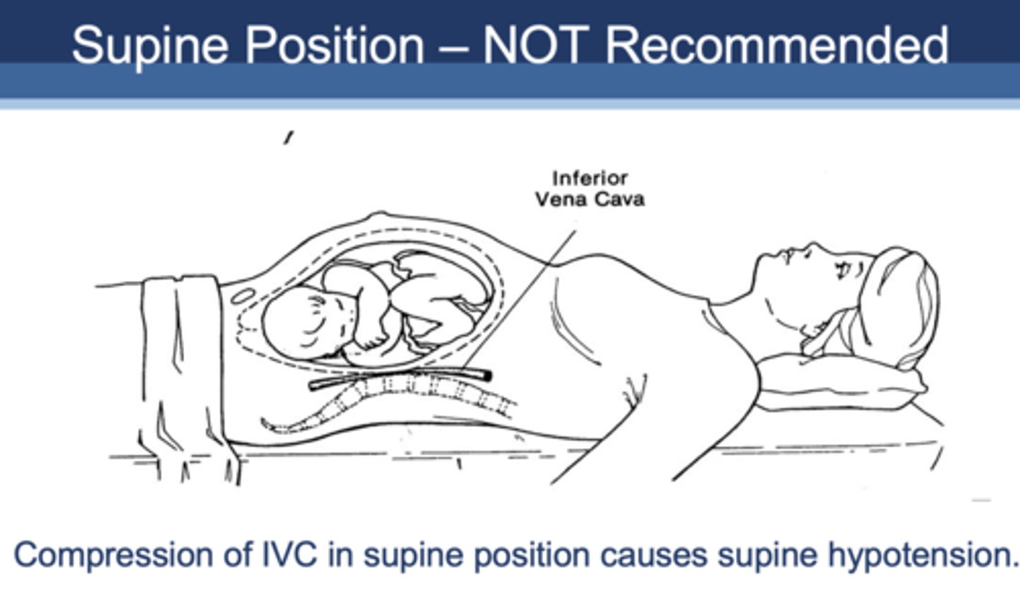 <p>Supine position not recommended due to compression of IVC causes supine hypotension</p>