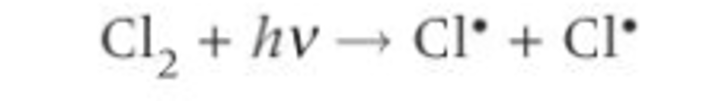 <p>Two chlorine radicals are formed from a chlorine molecule</p><p>Sunlight/UV radiation? provides enough energy to break the Cl-Cl bond/ for bond fission- photodissociation</p><p>Homolytic fission- The covalent bond splits equally and each atom receives one electron from the shared pair of electrons- two free radicals are formed</p><p>After initiation the reaction can continue without the need for further energy or more radicals</p>