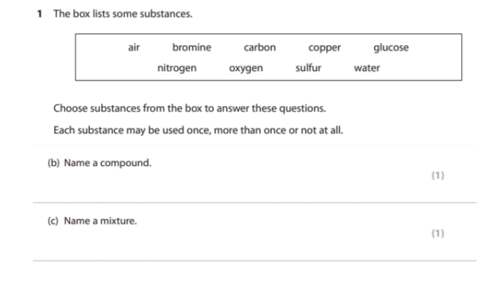 <p>Each substance may be used once, more than once or not at all.<br>1) Compound:<br>2) Mixture:</p>