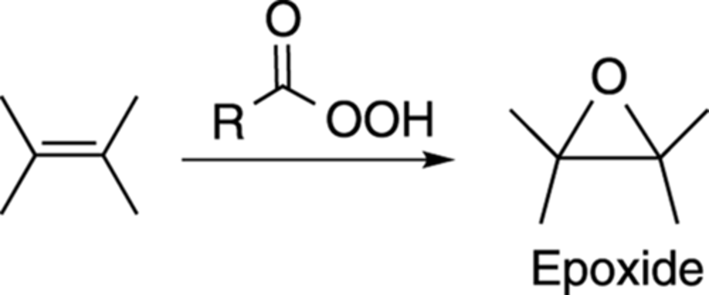 <p>(RC(O)OOH) under acidic conditions forms epoxide ring</p><p>Regioselective: n/a, bridges both C</p><p>Stereospecific: syn addition of O to flat C=C bond (but can add top or bottom)</p>