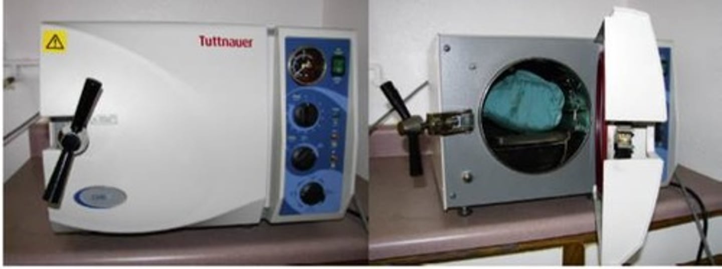 <p>A device used to sterilize equipment and materials using heat and pressure.</p><p>Clean lab; to left of microwave on grey table</p>