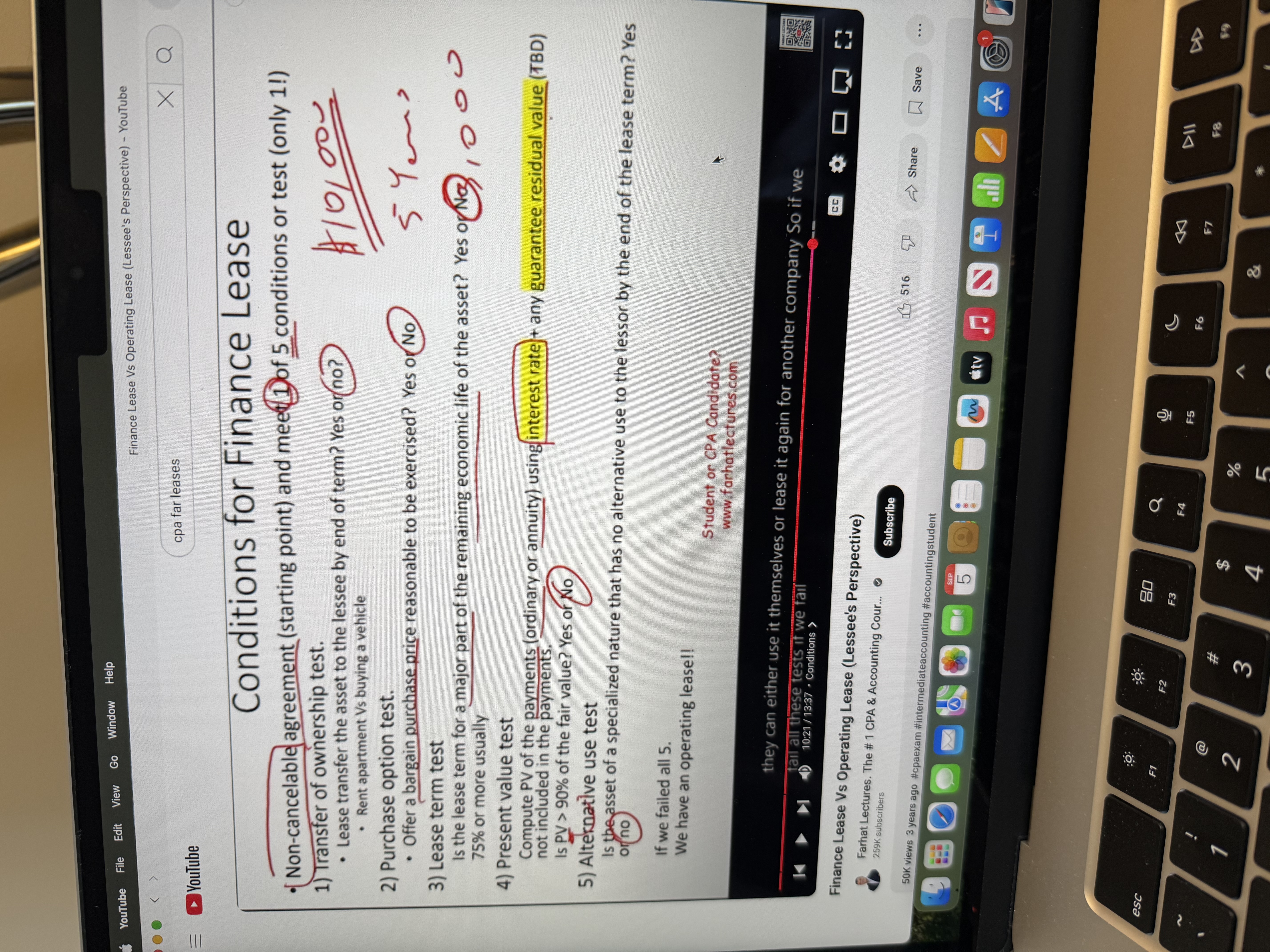 <ol><li><p>1 of 5 conditions must be met in order for a lease to be classified as a <strong>finance lease</strong>. If none of the five are met that indicates an operating lease! See picture below for additional details regarding the five conditions for a finance lease.</p></li><li><p>If there is a question regarding <strong>lease criteria</strong>, and there is an option to purchase, do not assume that this automatically meets a finance lease criteria, the question must indicate that this is a <strong><mark data-color="yellow" style="background-color: yellow; color: inherit;">bargain purchase option</mark></strong>.</p></li><li><p><strong>Finance</strong> lease applies only to the <strong>lessee</strong>, operating lease can be for the lessor or the lessee.</p></li></ol><p></p>