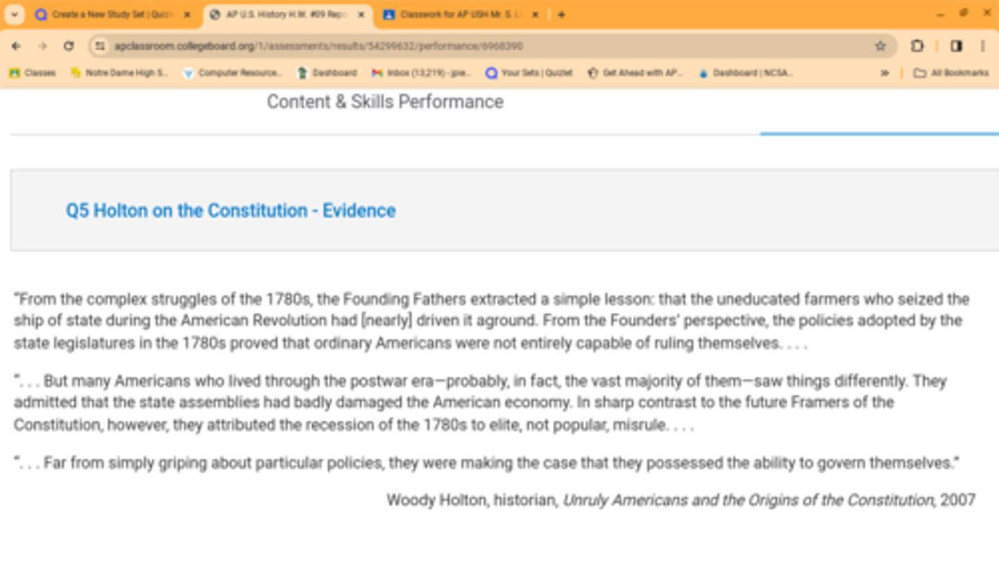 <p>Which of the following actions by the new federal government after 1789 best demonstrates Holton's argument in the first paragraph of the excerpt?</p><p>A. The acquisition of the Louisiana Territory from France during Thomas Jefferson's administration</p><p>B. The repayment of government creditors at face value for depreciated paper money under Alexander Hamilton's financial plan</p><p>C. The use of treaties and military force to acquire land for western settlers from American Indian nations</p><p>D. The treaty with Spain recognizing navigation rights for United States merchants and farmers along the Mississippi River</p>