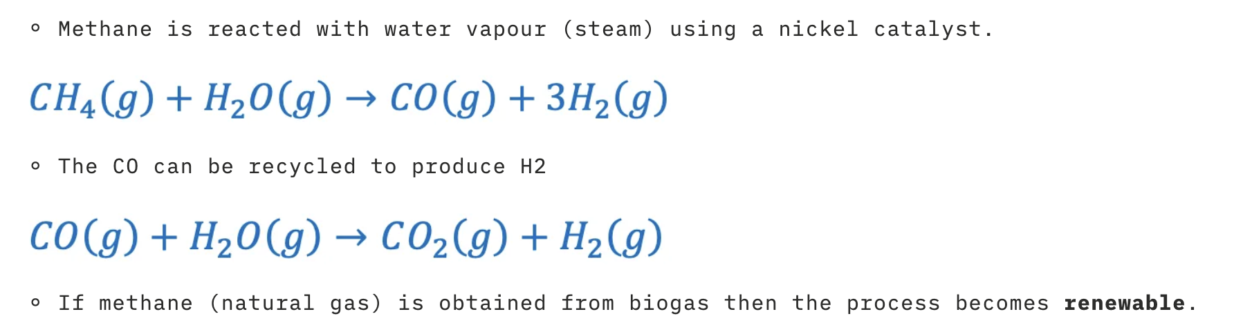 <ul><li><p>steam reforming</p></li><li><p>electrolysis of water: is a process that uses electricity to split water into hydrogen and oxygen gas. → NO CO2 PRODUCED</p></li></ul><p></p>