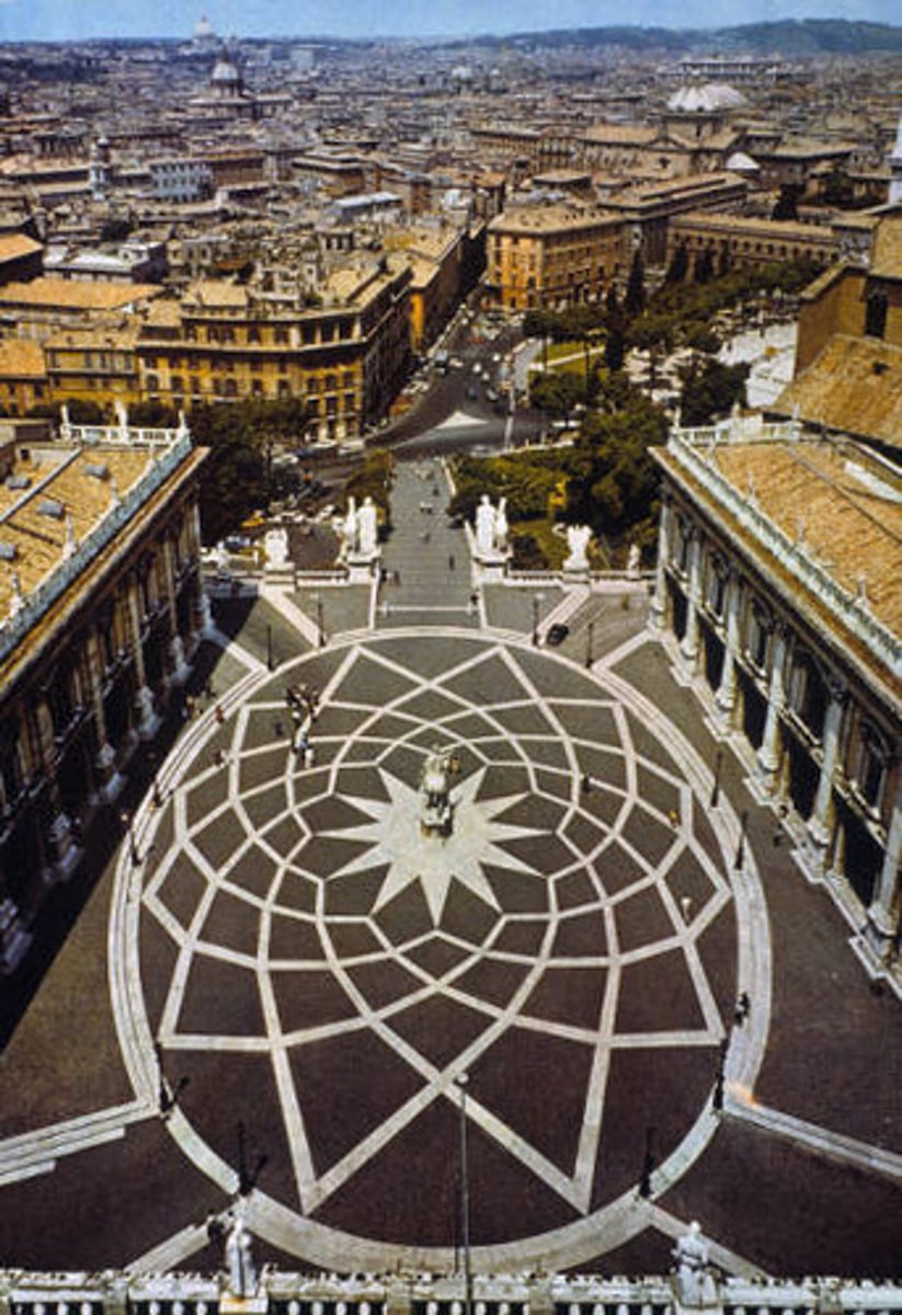 <p>1536; Michelangelo</p><p>organization deviates from purity of Renaissance geometry (subtle tension of angled plan &amp; overall plaza)</p><p>Ideas begin to become "Mannerism"</p>