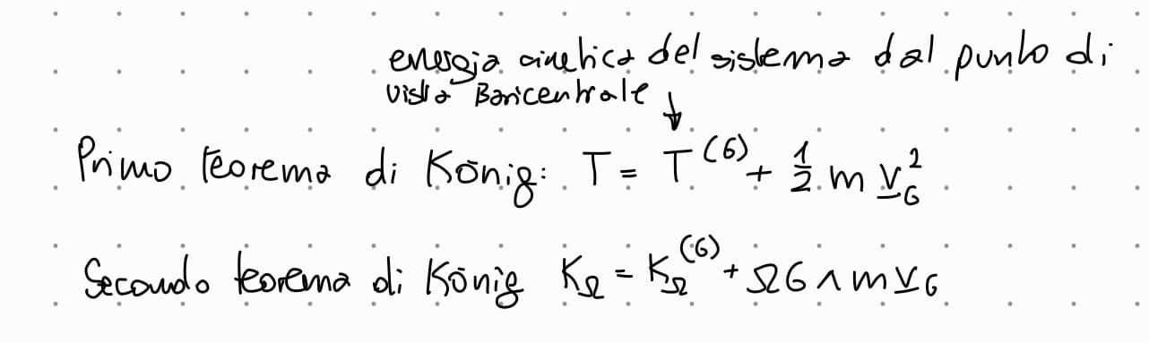 <ol><li><p>Teorema di König: la energia cinetica di un sistema materiale rispetto ad un osservatore qualunque è uguale alla energia cinetica dello stesso sistema calcolata rispetto al sistema baricentrale <br>sommata <br>con la energia cinetica del moto del baricentro pensato come se fosse un punto materiale di massa del sistema <br>T = T<sup>(G)</sup> + ½ m*v²<sub>G</sub>f</p></li><li><p>Teorema di König: (molto simile al primo solo che al posto della energia cinetica c’è il momento della quantità di moto)<br>il momento della quantità di moto di un sistema materiale rispetto ad un osservatore qualunque è uguale al momento della quantità di moto dello stesso sistema calcolata rispetto al sistema baricentrale <br>sommato<br>con il momento della quantità di moto del baricentro pensato come se fosse un punto materiale di massa del sistema</p></li></ol>