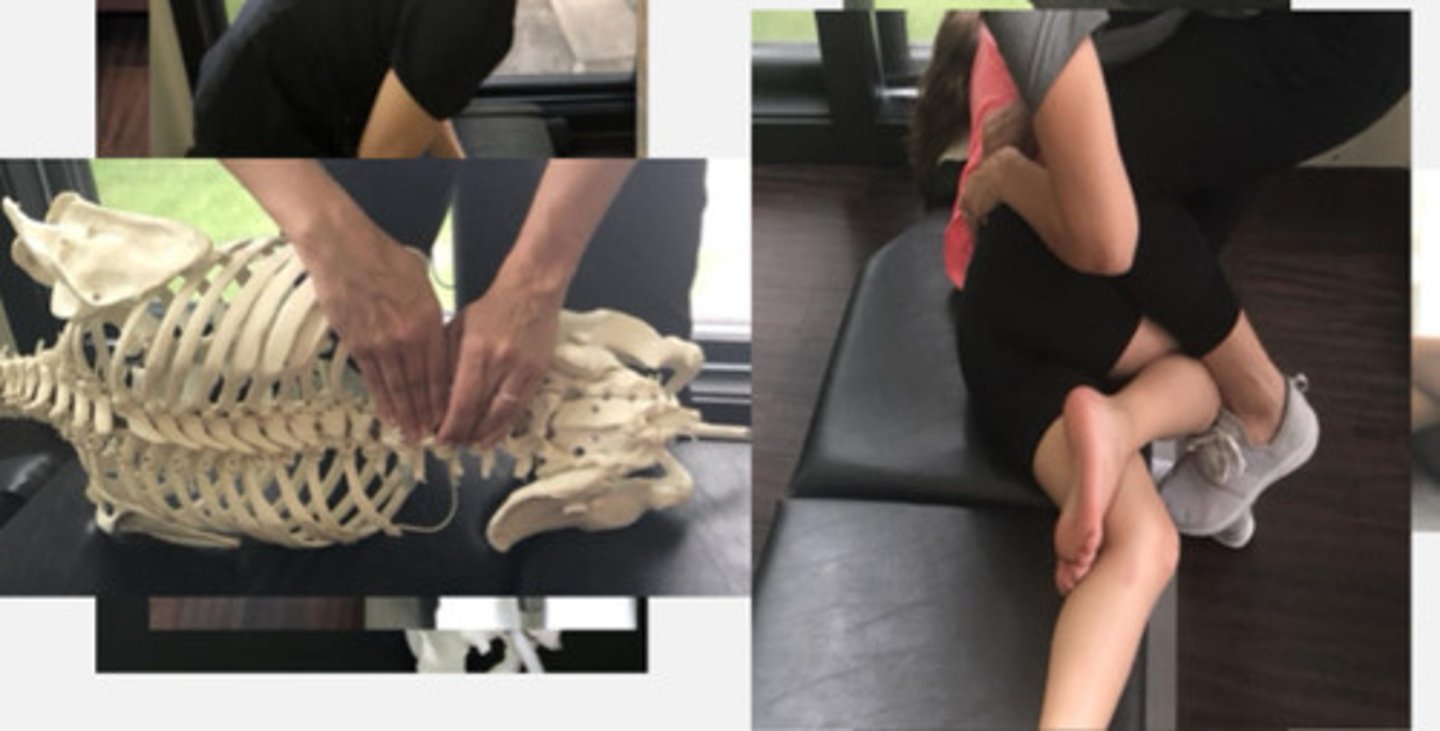 <p>PP: Basic side posture position with the superior dysfunctional side down (since spinous has deviated to R) - verbalize how you found the segment</p><p>DP: Square stance on side of dysfunction &amp; contact their knee with your knee/distal tibia</p><p>CH: Fingertips (digital contacts) of 3rd &amp; 4th digits of cephalic (R) hand reach under the pt's up-side arm to contact lateral surface of L3</p><p>IH: Fingertips of caudal (L) hand hook the downside of the L4 SP</p><p>LOD: Cephalic hand-pushes L-M</p><p>Caudal - pulls L-M with quick extension of contact leg</p>