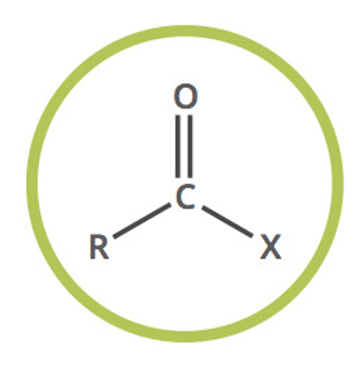 <p>Oxygen double bonded to a carbon</p><p>Terminal X = F, Cl, Br, I</p>
