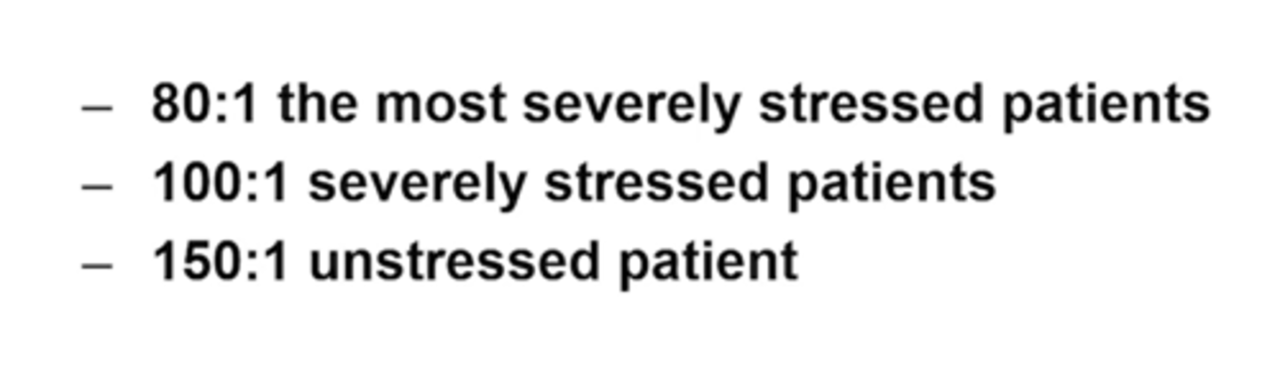 <p>grams of nitrogen/non-protein calories</p><p>NPC:N desirable ratios are:</p><p>80:1 for most severely stressed patients</p><p>100:1 for severely stressed patients</p><p>150:1 for unstressed patients</p>