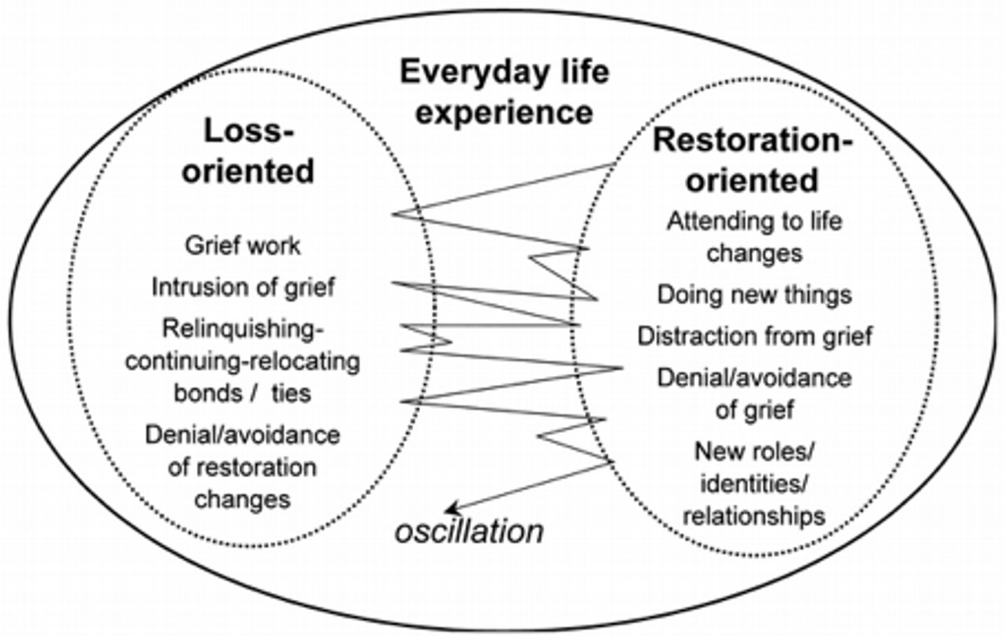 <p>effective coping requires people to oscillate between dealing with the emotional consequences of loss and attending to life changes, which- when handled successfully- have restorative or healing effects</p>