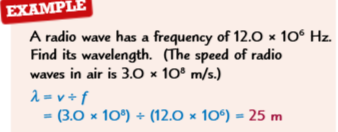 <ul><li><p>The wave speed is the speed at which energy is being</p><p>transferred (or the speed the wave is moving at).</p></li><li><p>v = f<span>λ, v → wave speed (m/s), f → frequency (Hz), λ -&gt; wavelength (m)</span></p></li></ul><p></p>