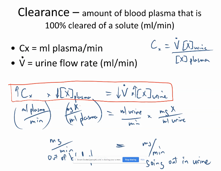 amount of blood plasma that is 100% cleared of a solute (mL/min)

\
\- Cx = ml plasma/min

\- Vdot = urine flow rate (ml/min)
