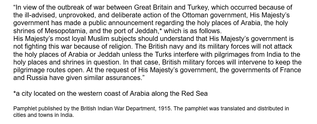 <p><span>&nbsp;According to this quote, who else is in support of Britain and the pilgrimages?&nbsp; “British military forces will intervene to keep the pilgrimage routes open. At the request of His Majesty’s government, the governments of France and Russia have given similar assurances.”</span></p>