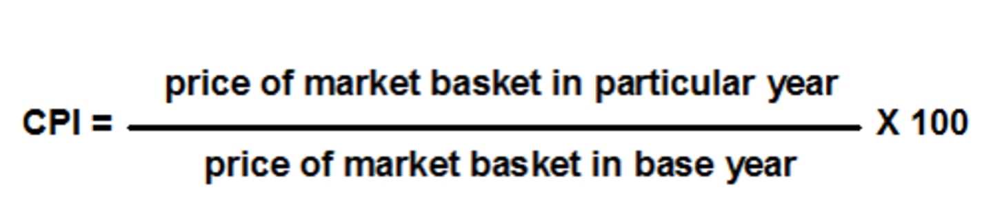 <p>survey consumers to determine fixed basket of goods</p><p>find price of good in each year (this should vary)</p><p>compute cost of basket of goods in each year (varied $*fixed q)</p><p>choose a base year</p><p>$ basket in current year / $ basket in base year * 100</p>