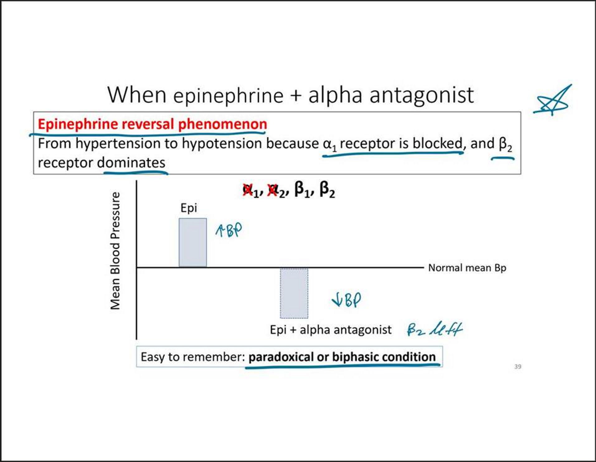 <p>Hypertension to hypotension</p><ul><li><p>Due to alpha 1 receptors being blocked, so now B2 receptors dominate</p><p></p></li></ul><p></p>