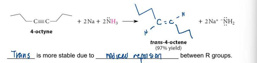 <p>2Na + 2NH3</p><ul><li><p>versus lindlar that does alkyne → cis alkene</p></li></ul><p></p>