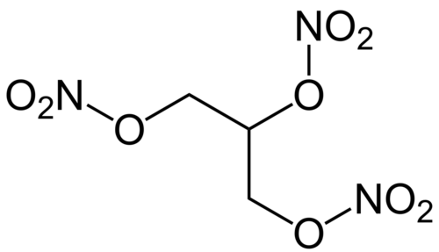 <p>Is GTN/nitrostat</p><p>Reduced to 1,2 glycerl dinitrate and Nitrite in mitochondria by ALDH-2 and then No2 to NO through respiratory chain or acidic disproportionation</p><p>reduced to dinitro and monitro in liver, RBC and vascular wall (ER but only at high doses)</p><p>Ok F, but VERY SHORT t1/2,</p><p>3NO3s around a carbon</p>