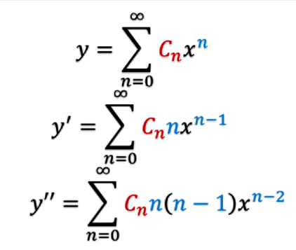 <ol><li><p>Assume a series</p></li></ol><ol start="2"><li><p>Differentiate</p></li><li><p>Substitute</p></li><li><p>reindex so all terms are x^n</p></li><li><p>collect coefficients</p></li><li><p>Isolate the the highest index</p></li><li><p>apply initial conditions if given</p></li><li><p>write the amount of non zero terms asked</p></li></ol><p></p>