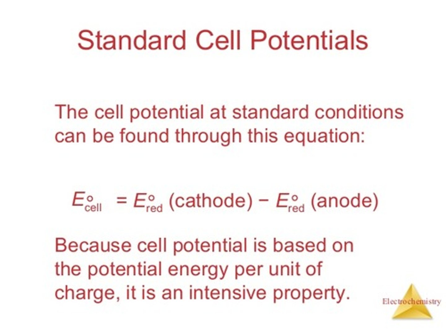 <p>E°cell = E°red (cathode) - E°red (anode)</p><p>Struggling to keep your MCAT equations straight? Simply conquer the 100 most important equations using Andrew's 100 Most Essential Equations Mastery Course @ https://mcatselfprep.com/course/andrews-equation-mastery-course/</p>
