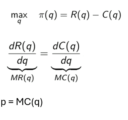 <ul><li><p>profit: revenue - total cost</p></li><li><p>marginal revenue = marginal cost → MR + MC = 0</p></li><li><p>MR: change in revenue resulting from a marginal increase in output</p><ul><li><p>price-taking firm → MR = output price</p></li></ul></li></ul><p></p>