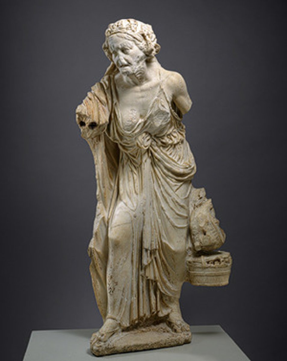 <p>- <span class="bgP">2nd cent bce (high/late hellenistic pd)</span></p><p>- <span class="bgP">from Smyrna (asia minor)</span></p><p>- <span class="bgP">made by Myron</span></p><p>- woman is likely a merchant; shoulder exposed alludes to sexual undertones, maybe an old prostitute?</p><p>- purpose is unknown, votive?? humorous??</p>