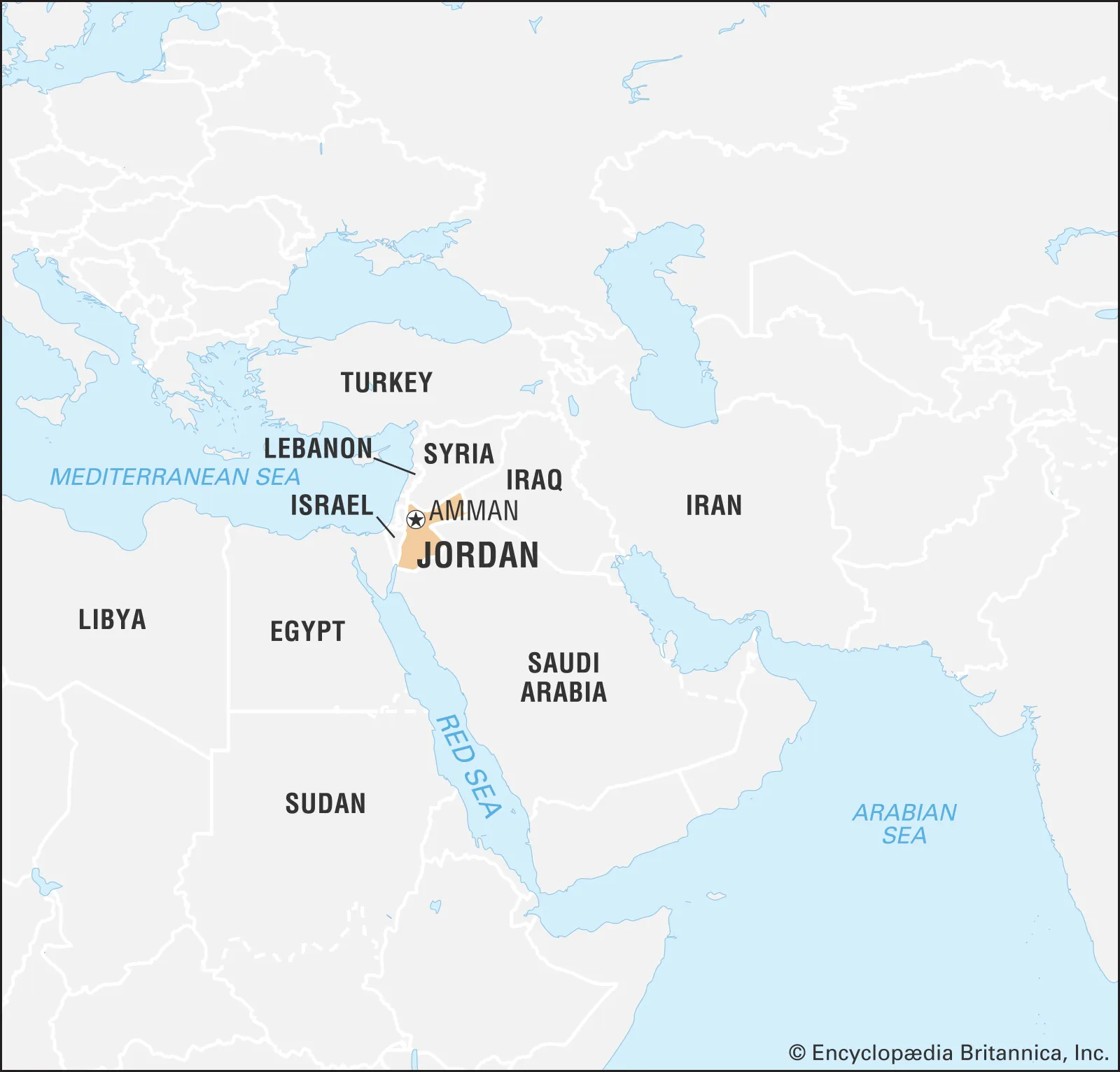 <p>Between Israel and Saudi Arabia</p>