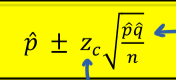<ul><li><p><strong>z(sub c):</strong> proportions ALWAYS use z-critical values (z critical values are on infitity line of t-chart)</p></li><li><p>only have sample info, so using p-hat and q-hat for everything <strong>(we are estimating p, so obvisouly it is missing)</strong></p></li></ul><p></p>