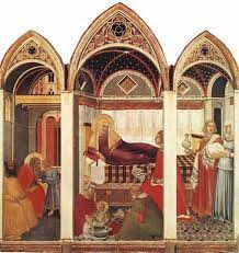 <p>Pietro Lorenzetti<br>Birth of the Virgin<br>1342<br>Tempera on panel</p>