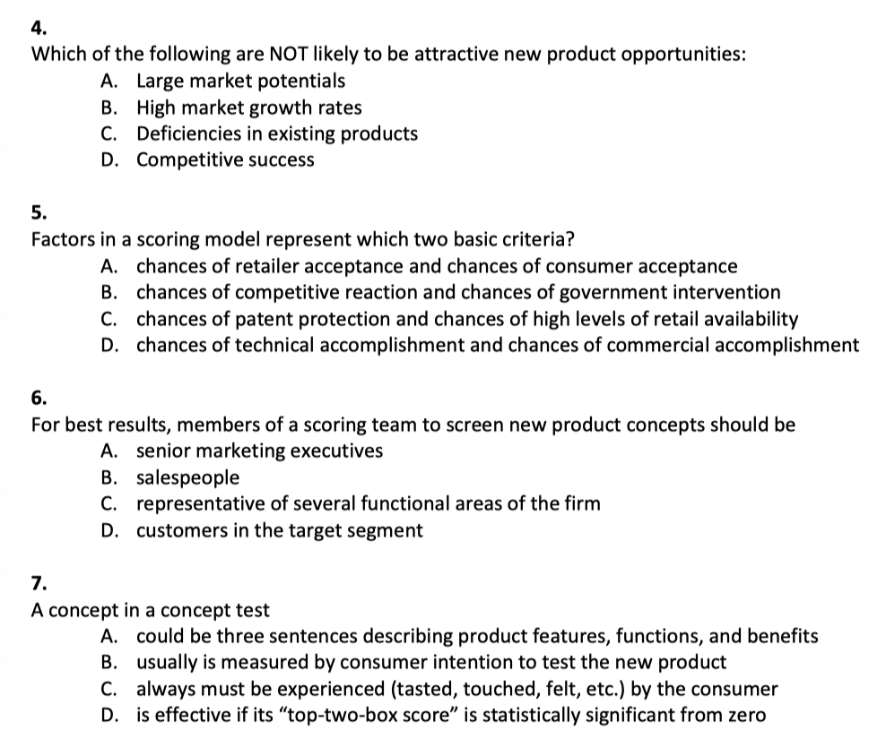 <p><span data-name="one" data-type="emoji">1⃣</span> <strong>Concept Generation</strong> </p><p><span data-name="red_circle" data-type="emoji">🔴</span> Lots of raw ideas are created.<br><span data-name="brain" data-type="emoji">🧠</span> <em>Brainstorming stage</em> – no filtering, just gather as many ideas as possible.</p><p> </p><div data-type="horizontalRule"><hr></div><p> <span data-name="two" data-type="emoji">2⃣</span> <strong>Concept Screening</strong> </p><p><span data-name="purple_circle" data-type="emoji">🟣</span> Weak ideas are removed early.<br><span data-name="trashcan" data-type="emoji">🗑</span> <em>Quick check</em> – get rid of ideas that clearly won’t work or don’t meet basic needs.</p><p> </p><div data-type="horizontalRule"><hr></div><p> <span data-name="three" data-type="emoji">3⃣</span> <strong>Concept Scoring</strong> </p><p><span data-name="blue_circle" data-type="emoji">🔵</span> The better ideas are compared and rated.<br><span data-name="bar_chart" data-type="emoji">📊</span> <em>More detailed evaluation</em> – score ideas on criteria like cost, customer appeal, or feasibility.</p><p> </p><div data-type="horizontalRule"><hr></div><p> <span data-name="four" data-type="emoji">4⃣</span> <strong>Concept Testing</strong> </p><p><span data-name="green_circle" data-type="emoji">🟢</span> Top idea(s) are tested with real customers.<br><span data-name="test_tube" data-type="emoji">🧪</span> <em>Try it out</em> – check if customers like it, understand it, and would buy it.</p><p> </p><div data-type="horizontalRule"><hr></div><p> <span data-name="check_mark_button" data-type="emoji">✅</span> Final Goal: </p><p>Choose the <strong>best idea</strong> that has the most potential for success in the market.</p>
