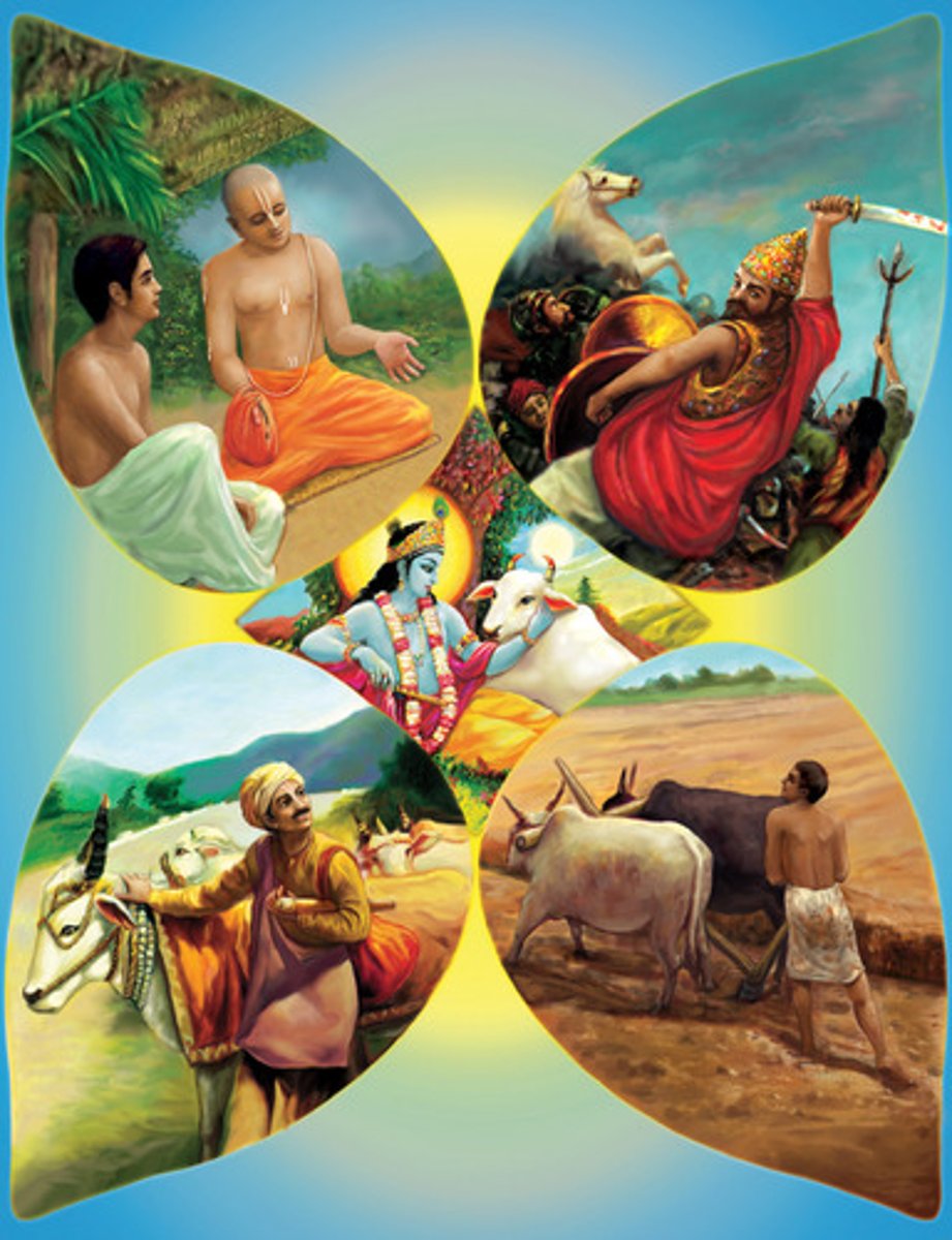 <p>The four major social divisions in India's caste system: the Brahmin priest class, the Kshatriya warrior/administrator class, the Vaishya merchant/farmer class, and the Shudra laborer class.</p>
