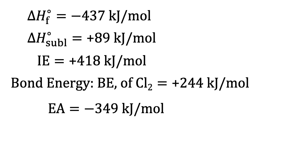 <ol><li><p>Start with solid state of metal that converts to gas (sublimination)</p></li></ol><p>K (s) → K (g) 89 kJ</p><ol start="2"><li><p>Formation of gas (ionization energy)</p></li></ol><p>K (g) → K+(g) + e^- 418kJ</p><p>½ Cl2 (g) → Cl (g)  244kJ/2</p><p>Cl (g) + e<sup>-</sup> → Cl<sup>-</sup>(g) -349 kJ</p><ol start="3"><li><p>Combine elements</p></li></ol><p>K+ (g) + Cl<sup>-</sup>(g) → KCl (s) x kJ</p><ol start="4"><li><p>Cancel like terms and add up all energies</p></li></ol><p>K(s) + ½ Cl<sub>2</sub>(g) → KCl (s) = -437</p><p></p>
