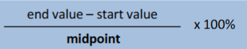<p>end value - start value/midpoint x 100%</p>