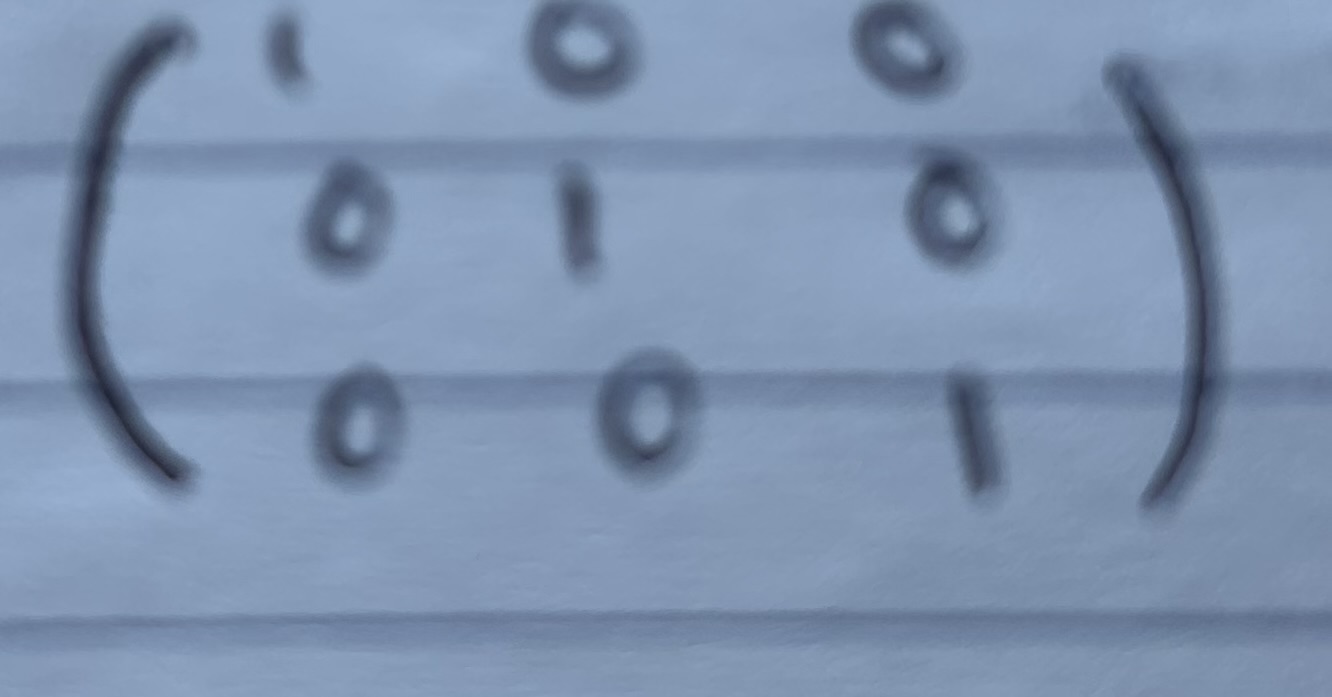<ul><li><p>matrix in its inverse multiplied by the matrix itself </p></li><li><p>results in a matrix with ones in the diagonal and zeros elsewhere</p></li><li><p>has the nice property of leaving a vector unchanged </p></li><li><p>why it is called identity (keeps the identity of the vector)</p></li></ul><p></p>