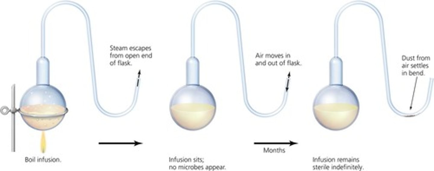 <p>Pasteur used a swan-necked flask to show that microbes in the liquid originated from dust particles in the air, not spontaneous generation.</p>