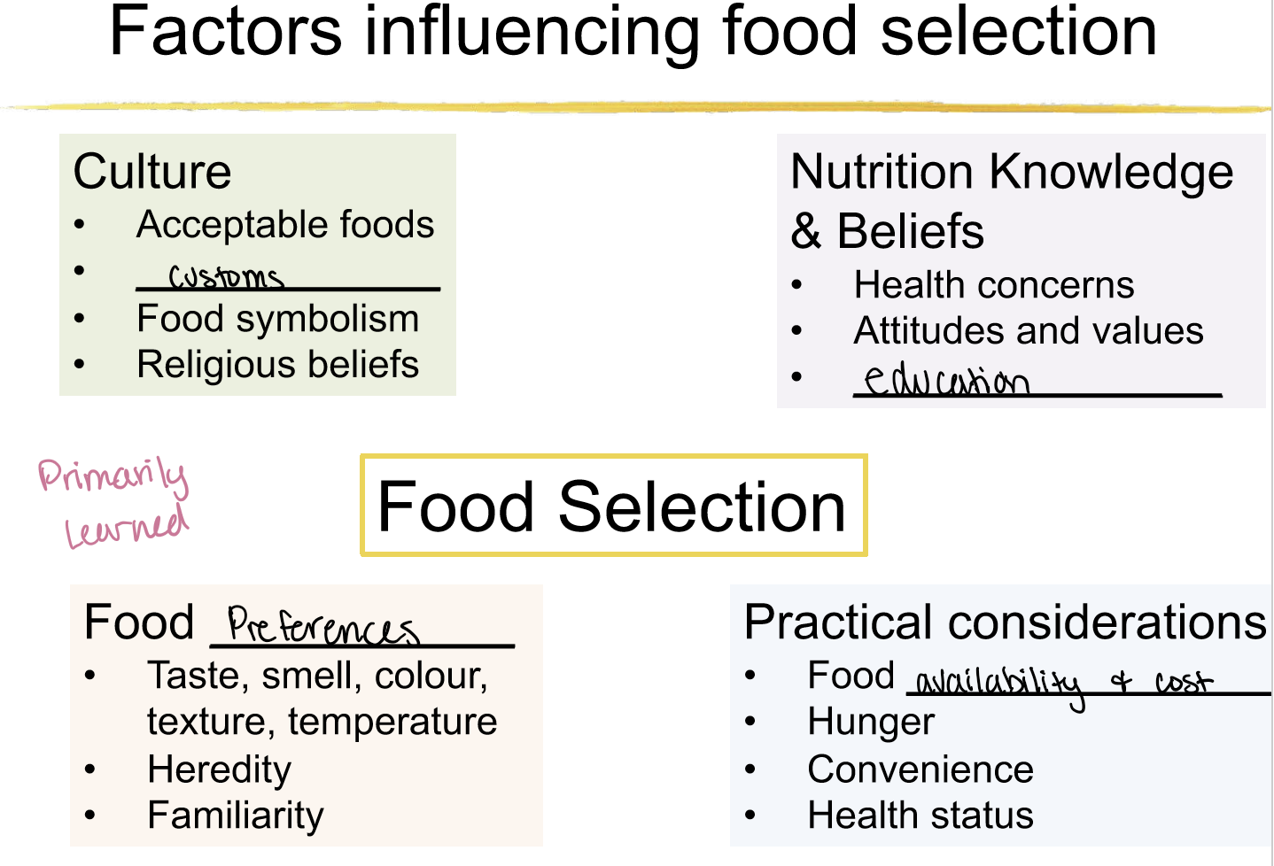 <p>culture, nutrition knowledge &amp; beliefs, preferences, practical considerations</p>