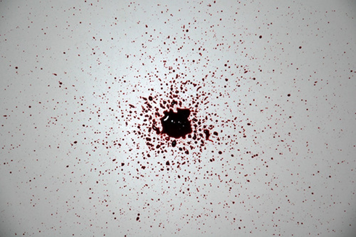 <p>A bloodstain pattern which results from blood dripping into blood.<br><br>DESCRIPTION: This example was generated by letting blood drip from the end of small-bore syringe approximately 100 cm above the target. The position of the source was kept constant.<br><br>As a sufficient volume was generated at the center of the pattern, the blood began to fall into blood. This created secondary spatter also known as satellite spatter. This secondary spatter radiated out from the parent stain in all directions.</p>