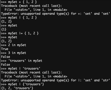 <p>Mutable, but unordered</p><ul><li><p><span>We can’t add sets, but we can union them! (with |)</span></p></li><li><p><span>We can |= just like we can +=</span></p></li><li><p><span>We can test if an element is in a set</span></p></li><li><p><span>The order is not preserved, but uniqueness is</span></p></li></ul><p></p>