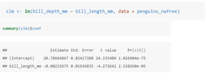 <p>In this case we are seeing if bill_length_mm helps to explain some of the variation in bill_depth_mm. <br><br>The equation of the model is Yi = α + β1xi + ϵi where:<br>• Yi is the value of the response (bill_depth_mm).<br>• xi is the value of the explanatory variable (bill_depth_mm). <br>• Could also be written as bill_depth_mm = α + β1(bill_length_mm) + ϵ<br><br>In this case, the estimate (α) gives us the estimated average bill depth (mm) given the estimated relationship between bill length and bill depth. <br><br>The bill_length_mm estimate is the slope associated with bill length (mm): so for every 1mm increase in bill length we estimate a 0.082mm decrease in bill depth.</p>