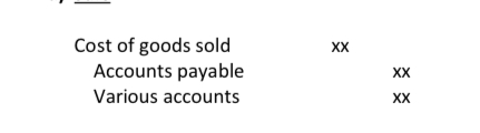 <ul><li><p>Sale</p><p>Dr. Cost of Goods Sold</p><p>Cr. Accounts payable</p><p>Cr. Various Accounts</p></li></ul><p></p>