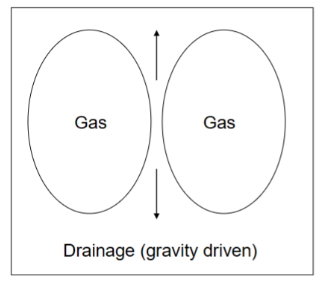 <p><span>liquid between bubbles will drain because of gravity&nbsp;</span></p><ul><li><p><span>Fast without surface film (adsorbed layer of surfactant)</span></p></li><li><p><span>Slower with surface film</span></p></li><li><p><span>Rate of drainage depends on the viscosity of the liquid phase (by increasing viscosity (adding thickening agent)→ draining rate will decrease) - for example maräng&nbsp;&nbsp;</span></p></li></ul><p>                                                                                                                                     </p>