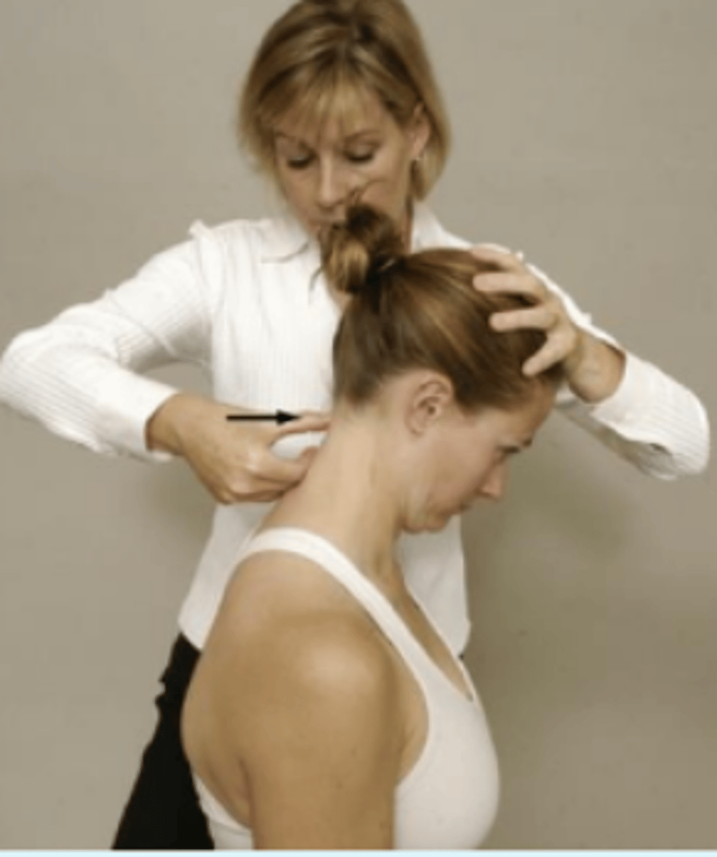<p>- subluxation of atlas on the axis</p><p>procedure:</p><p>- The examiner places one hand over the patient's forehead while the thumb of the other hand is placed over the spinous process of the axis to stabilize it. The patient is asked to slowly flex the head; while this is occurring, the examiner presses backward with the palm.</p><p>(+): A positive test is indicated if the examiner feels the head slide backward during the movement. The slide backward indicates that the subluxation of the atlas has been reduced, and the slide may be accompanied by a "clunk."</p><p>MEDICAL EMERGENCY</p>