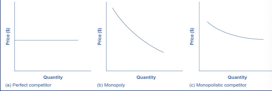 <ul><li><p>perceives a demand for its goods that is an intermediate case btw monopoly and perfect competition</p></li><li><p>when price goes up by 1%, qty will fall by 3%, bc other firms are selling “similar not exact” products</p></li></ul><p></p>