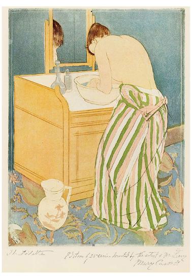 19th/20th century American impressionist printmaker, used etching/drypoint/aquatint, printmaking inspired by traditional Japanese woodprint (Kitagawa Utamaro), did scenes of mothers/children/domestic life, good at indicating awkwardness of new activities that were class coded at the time, works include The Letter, Woman and Child, The Fitting, and The Toilet