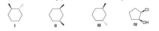 <p>Which of the following cyclic molecules is a meso compound?</p><p>A) I</p><p>B) II</p><p>C) III<br>D) IV</p>