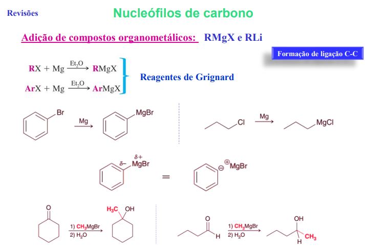 <p>adição de compostos organometálicos: RMgX e RLi</p><ul><li><p>formação de ligação C-C</p></li></ul><p></p>