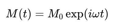 <p>M(t) = bulk magnetisation at time t</p><p>M(0) = bulk magnetisation at time 0 (after RF pulse)</p><p>w = Larmor frequency </p>