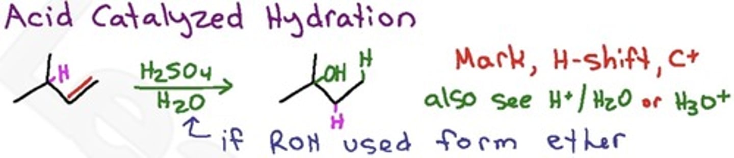 <p>Converts alkenes to alcohols</p><p>Markovnikov addition of hydrogen and hydroxide (if -ROH, forms ether)</p><p>Proceeds via carbocation intermediate therefore the the most substituted compound reacts fastest</p><p>Mechanism:</p><p>1) protonation of alkene pi bond to form carbocation</p><p>2) reaction with H2O to give alcohol product</p>