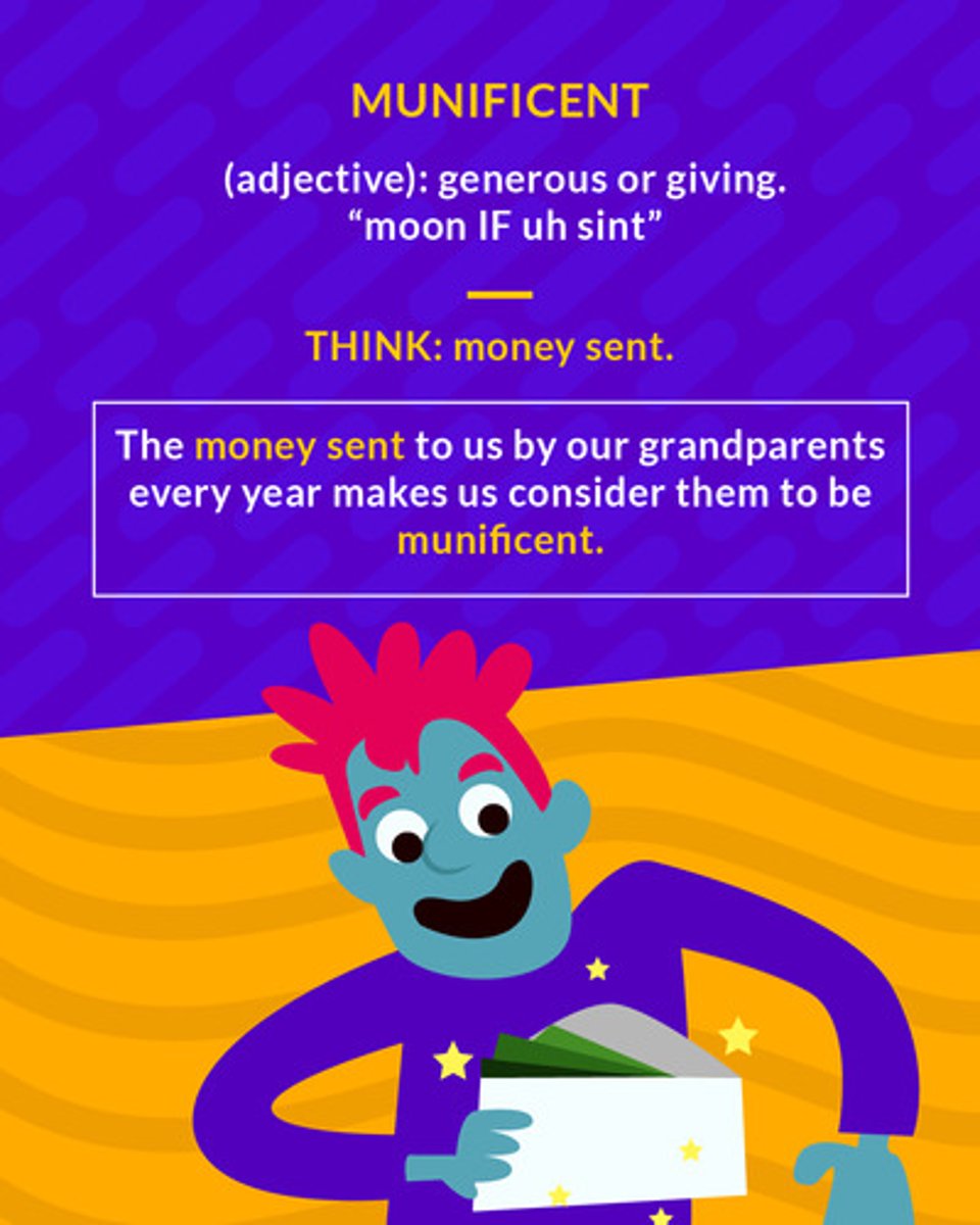 <p>very generous</p><p>(adj.) generous or giving</p>