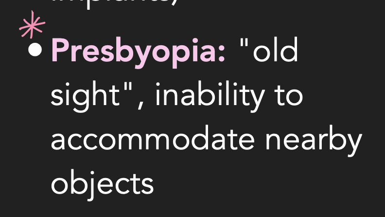 <p>*different from hyperopia because of this occurs due to old age where lens hardens (so lens unable to accommodate to nearby objects). However, hyperopia is a defect in refractive ability</p>